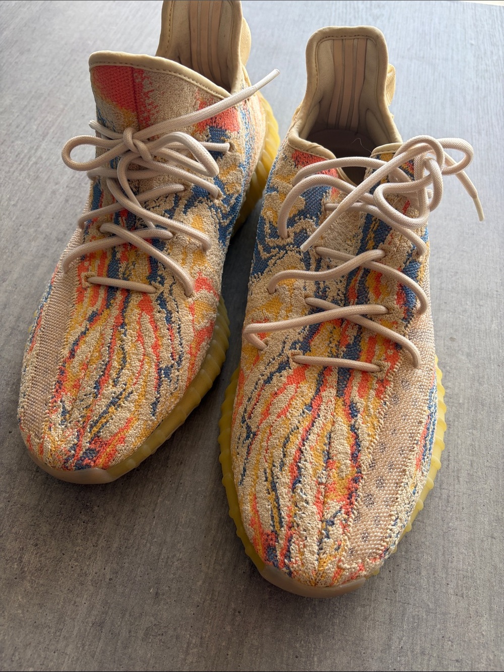 Yeezy Multicolor Knit Athletic Sneakers - Vibrant Stripe Pattern